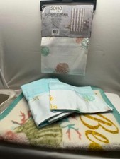 5 Piece Bathroom Set Beach Seashells Shower Curtain Towels Bath Mat
