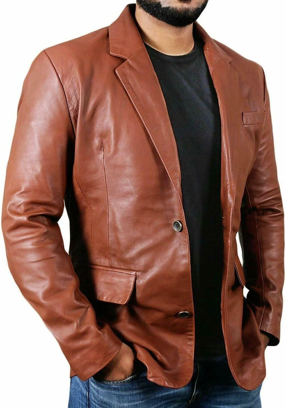 Men's Dark Tan Leather Blazer 100% Pure Soft Lambskin Leather Coat Blazer