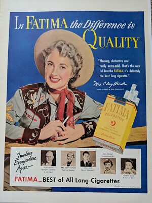 1951 Vintage Fatima cigarettes Mrs. Clay Borden print ad. 