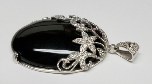 BEAUTIFUL BIG BLACK ONYX GEMSTONE WOMEN PENDANT GENUINE 925 STERLING SILVER NEW - Picture 3 of 6