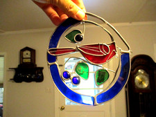 vtg Stained Glass suncatcher Renaissance Glass red cardinal red bird 6x6'' USA