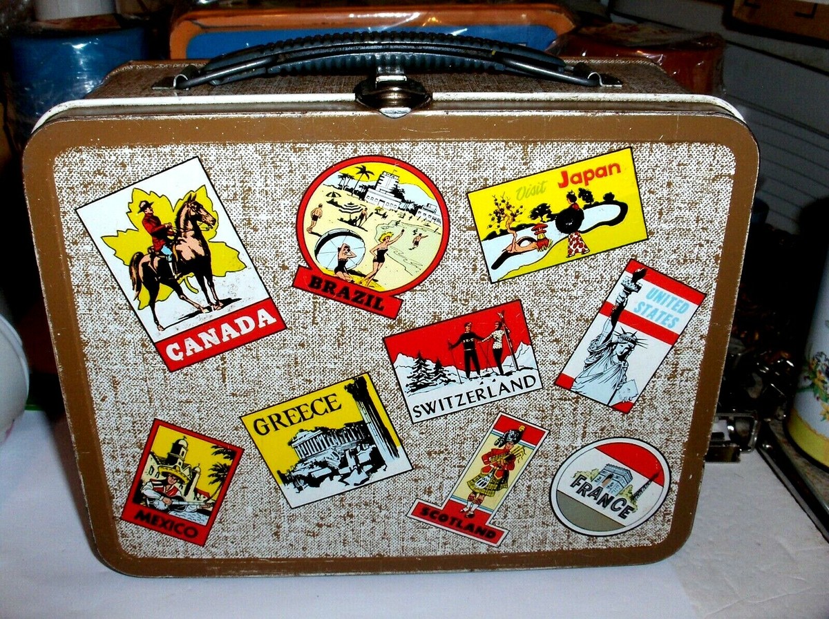 M1275 Vintage 1960's 4個セット ライオン ユニコーン 取手 Traveler-Brown`1964`Overseas Countries,Ohio Art Metal Lunchbox