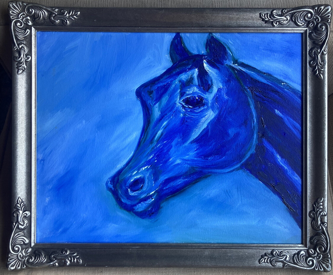 Original Oil Painting On Canvas Unsigned Blue Horse Wood Framed