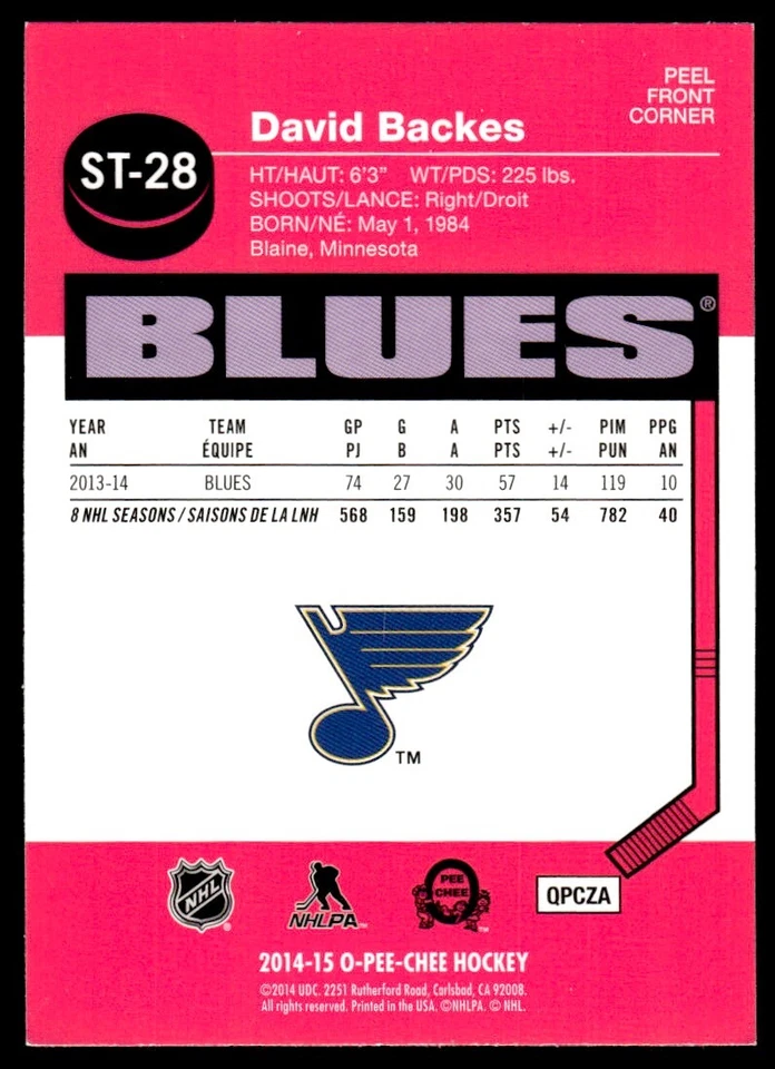 2014-15 O-Pee-Chee Stickers David Backes St. Louis Blues #ST-28 - Image 2 of 2