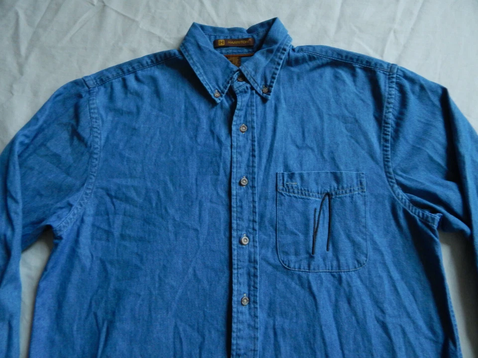Blue Jean джинсовой ткани длинным рукавом рубашка на пуговицах - средний мужской винтажный хлопок Harriton - Изображение 3 из 4
