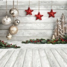 8x8FT Christmas Backdrop, Balls, White Wood Floor, Photo Studio, 10383