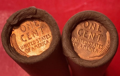 TAILS/TAILS (2) TWO RED OBW BU LINCOLN WHEAT PENNY ROLLS YEARS UNKNOWN