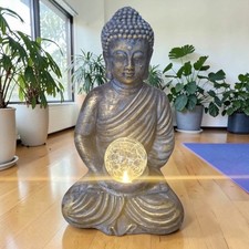 Buddha Garden Ornament with LED Light Orb | cement Zen Statue for Home & Patio