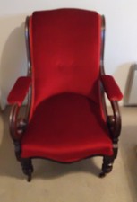 Victorian  Mahogany Scroll Armchair upholstered Red Velvet  Draylon. 