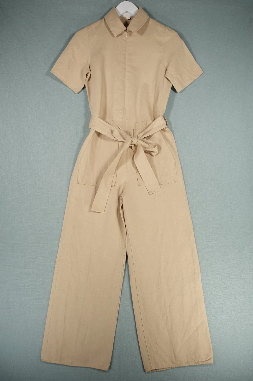 COS Jumpsuit Womens 32 Beige Overalls Front Zip One Piece Belt Chore Utility
