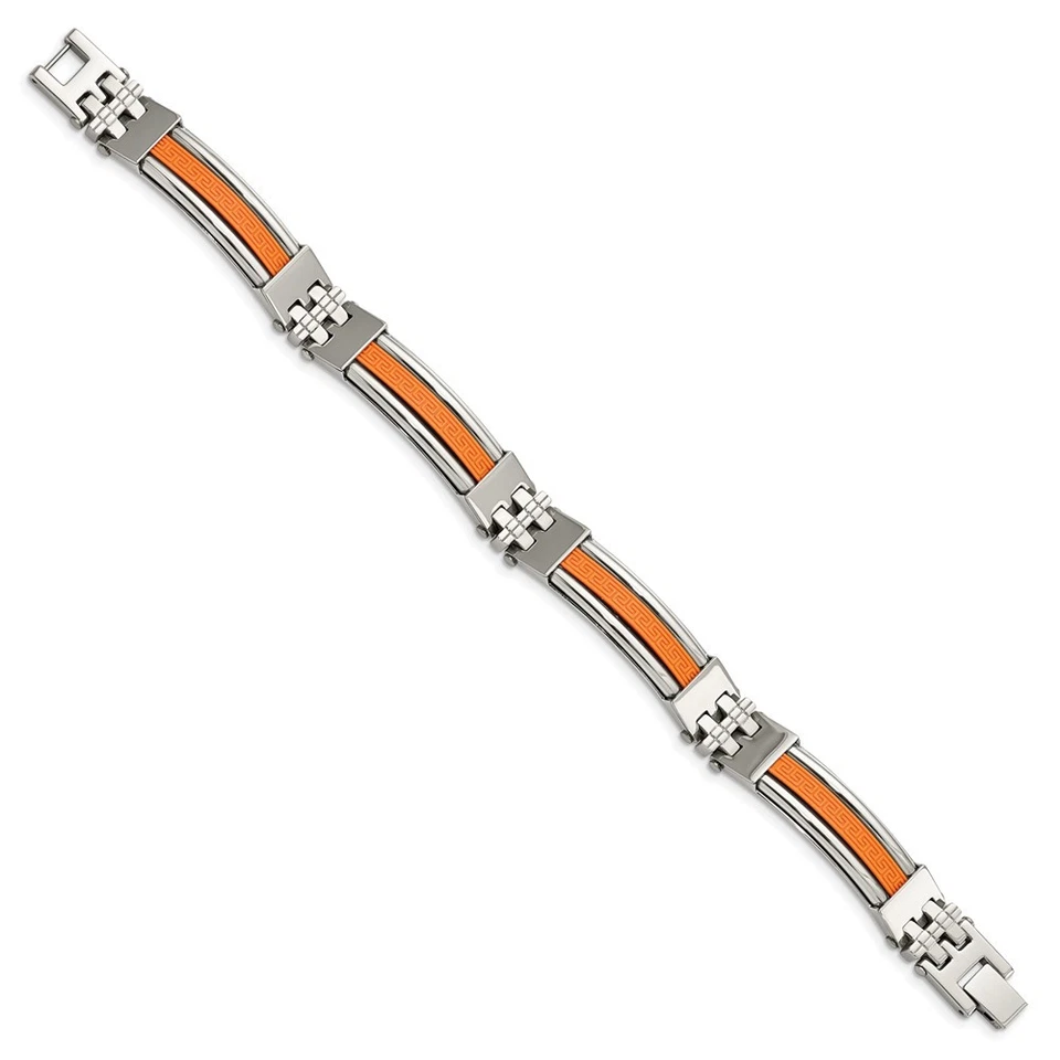 Pulsera de acero inoxidable pulido con incrustaciones de goma con diseño de llave griega naranja 9" Foto 2 de 4