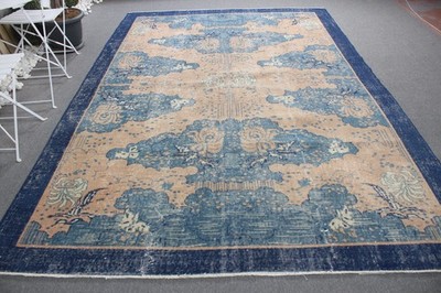 Turkish Vintage Large Rug 7,5x7,3 ft, Blue Brown Oriental Rug