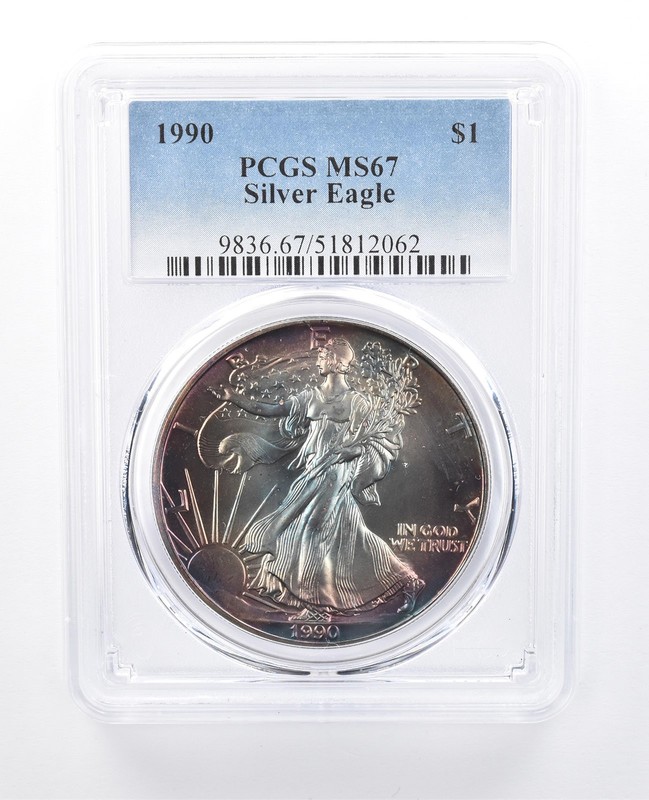 1990 American Silver Eagle MS67 PCGS Rainbow Tone a8125