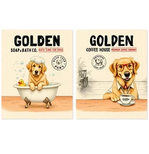 2 Pieces Golden Retriever Dog Bath and Coffee Concept Art Print Set