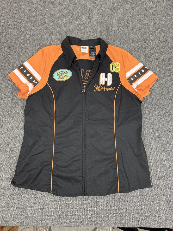 Camisa Harley Davidson Mujer 2XL Negra Naranja Cruiser Niñas Cremallera Frontal Top Foto 2 de 4