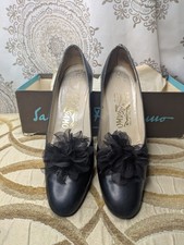 Vtg Salvatore Ferragamo Navy Leather Women's Block Heel Removable Shoe Clip Sz 6