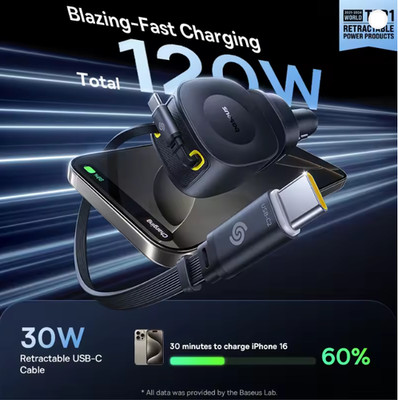 Baseus 12-24V 60W Auto-Ladegerät 4-in-1 mit ausziehbarer Kabel für iPhone 17 16