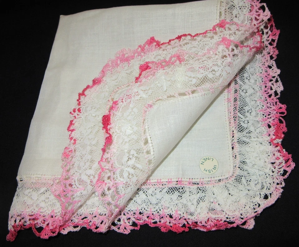 Vintage Hankie Irish Linen Wedding Shades of Pink Crochet Lace Trim 14" X 14" - Image 4 of 4