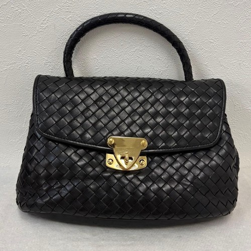 BOTTEGA VENETA Handbag Intrecciato Leather Black Vintage Authentic From Japan