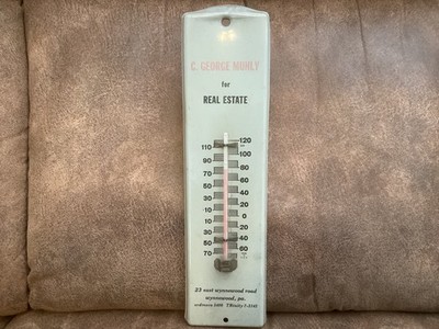 OLD ADVERTISING THERMOMETER 12 INCH METAL MUHLY REALTY WYNNEWOOD PA