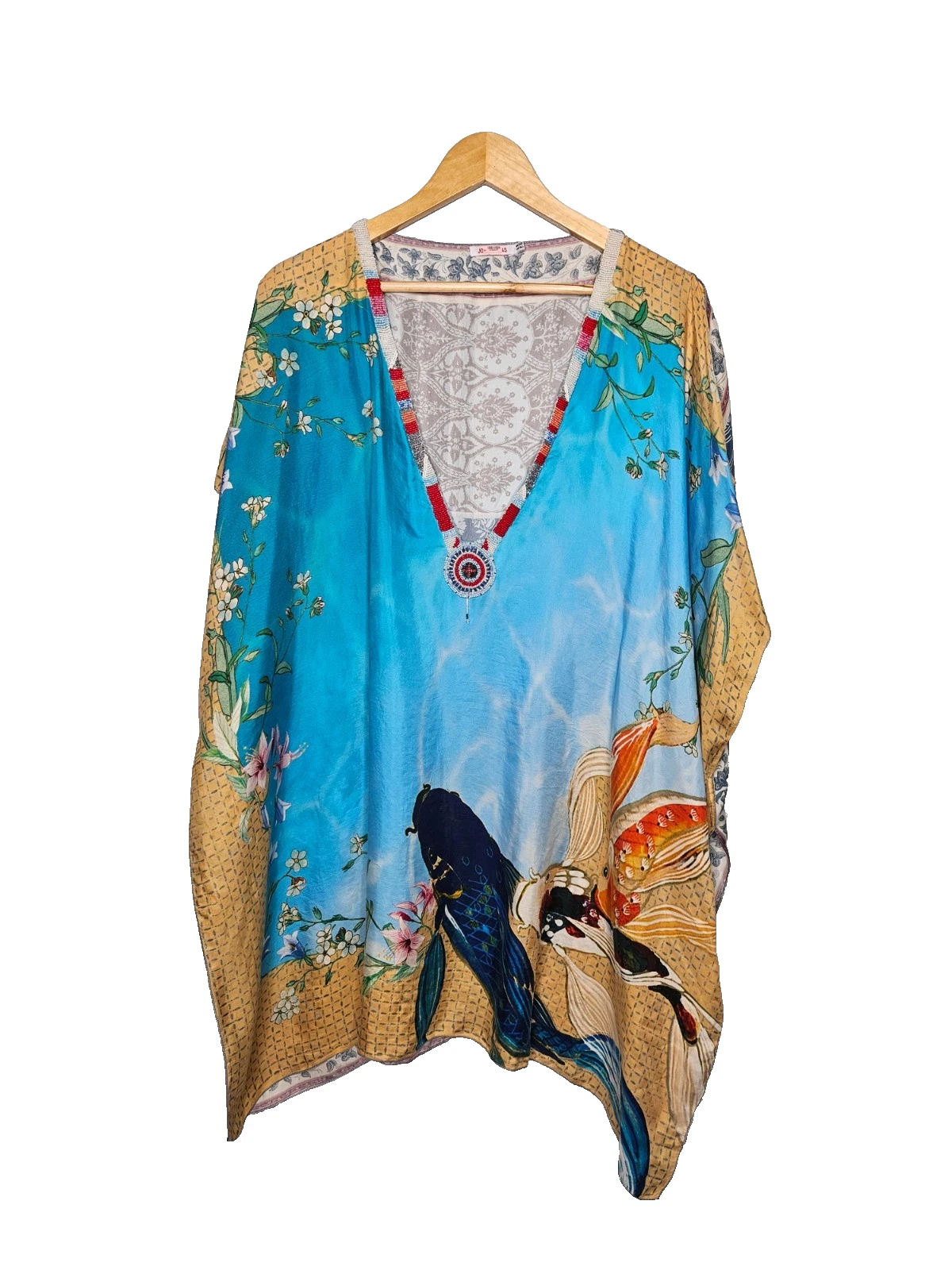 JOHNNY WAS Silk Beaded Kaftan Poncho One Size Koi Fish Boho Side Slits V-Neck
