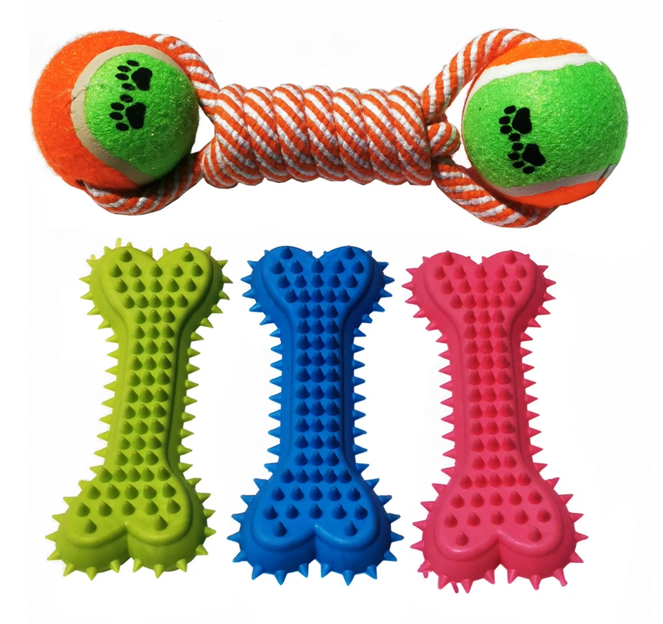 Lote de pelotas de tenis dobles de larga duración fuertes para la dentición de huesos para masticar juguetes de goma para perros Foto 3 de 4