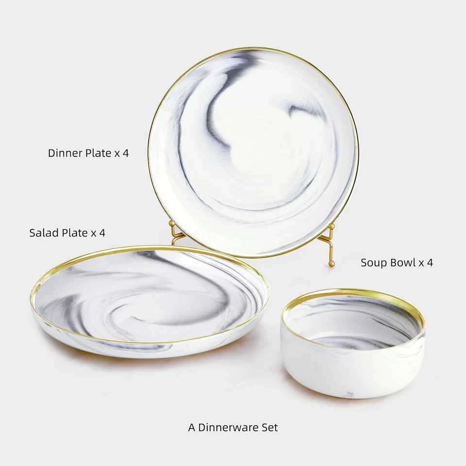 Juegos de vajilla, juegos de platos y cuencos de mármol línea dorada juego de platos de gres para Foto 3 de 4