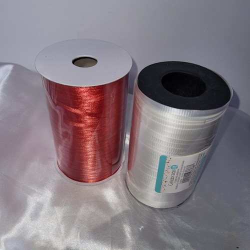 White Curling Ribbon and Red Thin Satin Ribbon - 2 Rolls New - Picture 2 of 5