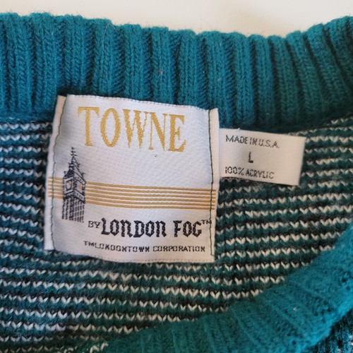 Vintage London Fog Towne Cosby Grandpa Sweater Teal Green Geo Pattern Size L USA - Picture 3 of 6