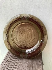 Vintage Amber Brown Ashtray, Cigar Ashtray, Flower In Center, Heavy Glass 6” Dia