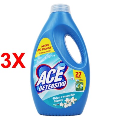 3 X Ace Liquid Washing Machine Detergent - Talc Und White Musk Duft 27 WÄsche