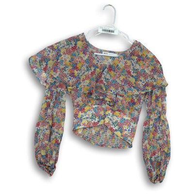 Zara Womens Multicolor Floral Print Long Sleeve Cropped Blouse Top Size M