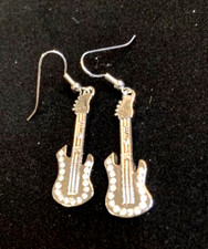 Elvis Presley Earrings Vtg Silver Toned Rhinestone Guitar 1.5" Licensed New Gift