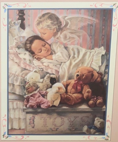 Home Interiors Guardian Angel Sleeping Girl Picture Doll Bear Toys Framed Matted - Picture 3 of 5