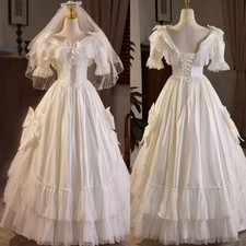 Retro Princess White Satin V Neck Ruffles Flower Lace Puff Sleeve Big Bow Bride