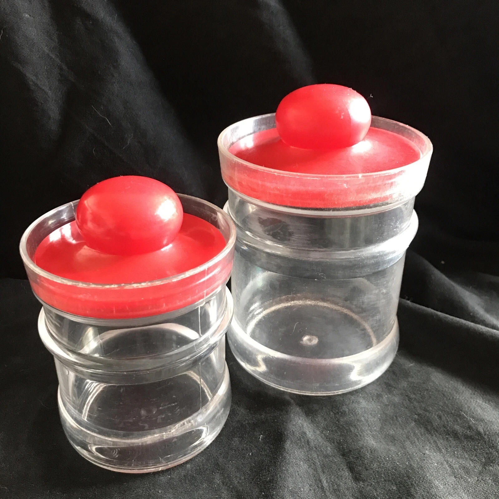 2 Vintage Retro Red Lidded Canisters Storage Jars Push On Plastic Lids Hong Kong