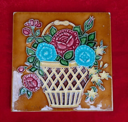 1 Piece Old Art Basket Flower Design Embossed Majolica Ceramic Tiles Japan 0370 - Picture 1 of 6