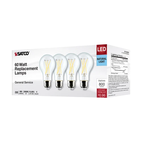 4 Pack Satco S12465 LED Filament 8W 60W A19 Medium E26 Clear 5000K Natural Light - Picture 5 of 12