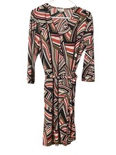 Loft Faux Wrap Dress Women’s Size 14 Multicolor Geometric Print Midi 3/4 Sleeve