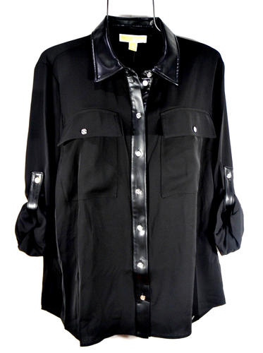 Michael Kors Women's Blouse XL Black Faux Leather trim Button Shirt Top NWT
