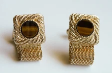 Vintage Men's Cuff Links Gold Tone Tiger Eye Swivel Back Wraparound Mesh Band