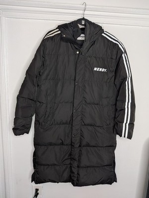 NERDY Coat Mens Small Black Long Puffer Jacket Hooded Logo Stripes Winter