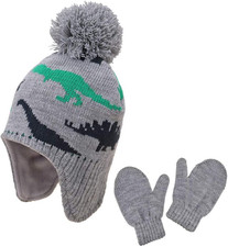 Hats and Gloves Set For Kids Toddler Baby Knit 2-4T, Dinosaur-green/Grey/Cyan