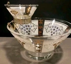 VTG Grape Design Gold Detail Chip & Dip Glass Bowls & Holder Anchor Hocking MCM