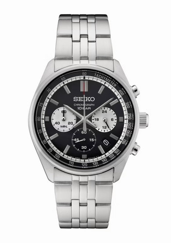 Seiko Men's Quartz Chronograph Tachymeter Date Black Dial Silver Bracelet
