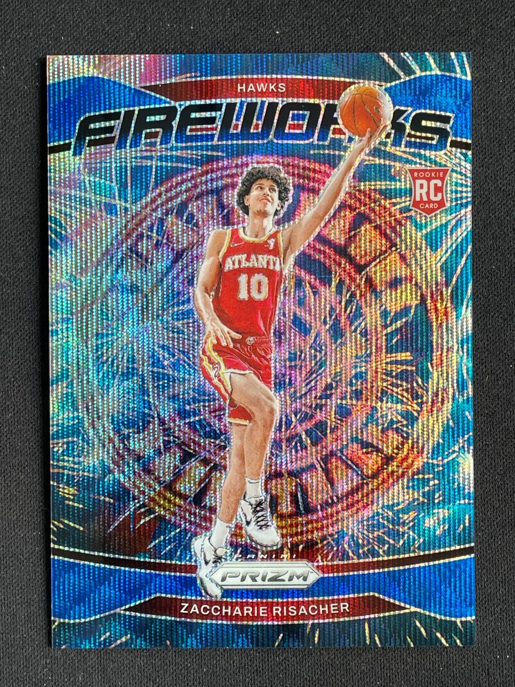 Zaccharie Risacher 2024-25 Panini Prizm Fireworks Blue Wave Prizm RC /175 #6