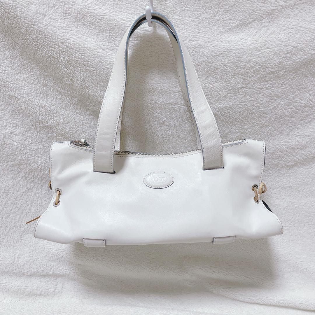 TOD'S Hand Shoulder Bag Tote Purse Logo Leather White Authentic