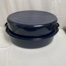 Extra Large Oval VTG Enamel Roasting Pan Blue Speckled Lidded 19x15x5 W/ Lid 9.5