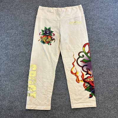 VTG Y2K Ed Hardy Sport Christian Audigier Ivory Tattoo Crop Stretch Pant Large