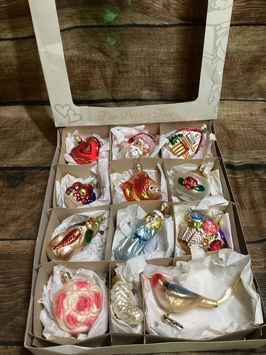 Inge's Christmas Heirlooms Bride's Tree Glass Ornaments Box Of 12 Bird Fish Rose